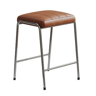 Tall Bar Stool With Brown Leather Stitched Seat And Silver Metal Frame Legs 3d model