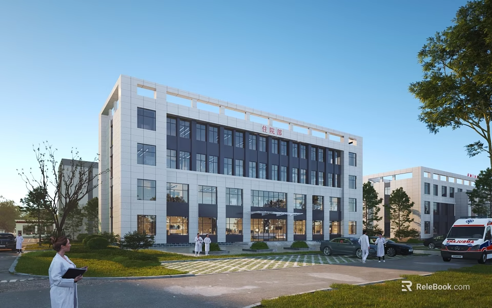 Modern Hospital Building With White Facade Glass Windows And Landscaped Garden With Medical Staff 3d model 