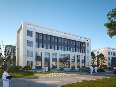 Modern Hospital Building With White Facade Glass Windows And Landscaped Garden With Medical Staff 3d model