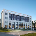 Modern Hospital Building With White Facade Glass Windows And Landscaped Garden With Medical Staff