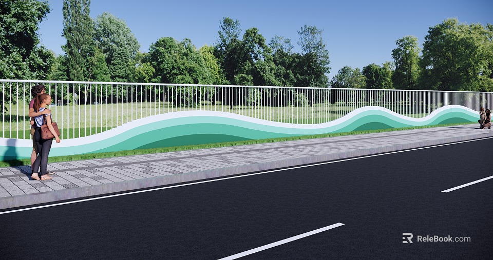 Building Exterior Wall Featuring Wavy Green And White Design Along Roadside With Trees 3d model 