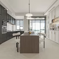 Modern Dining and Living Room Interior With Chandelier Sofa Rug and Floor to Ceiling Windows