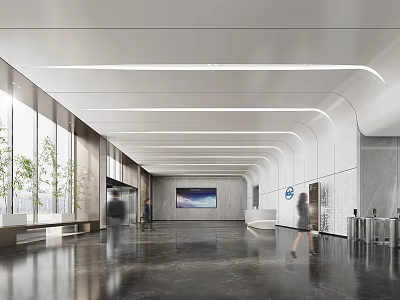 Modern Lobby Reception Desk Interior Design With Marble Walls Lighting Digital Screen And Plants 3d model