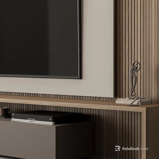 Wooden TV Stand With TV Screen Media Player Statue And Books On Vertical Striped Wall 3d model 