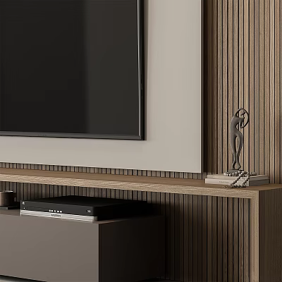 Wooden TV Stand With TV Screen Media Player Statue And Books On Vertical Striped Wall 3d model