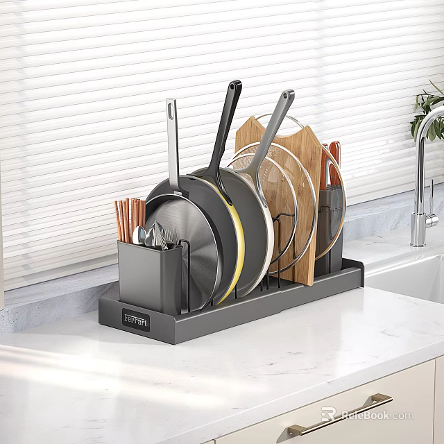 Kitchen Countertop Cookware Organizer With Pots Pans Utensils 3d model 