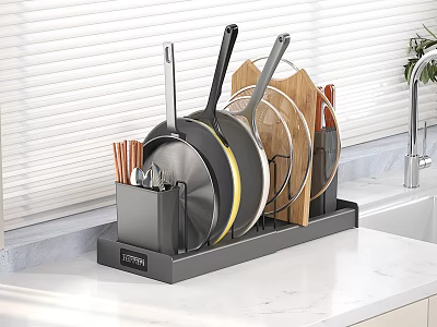 Kitchen Countertop Cookware Organizer With Pots Pans Utensils 3d model