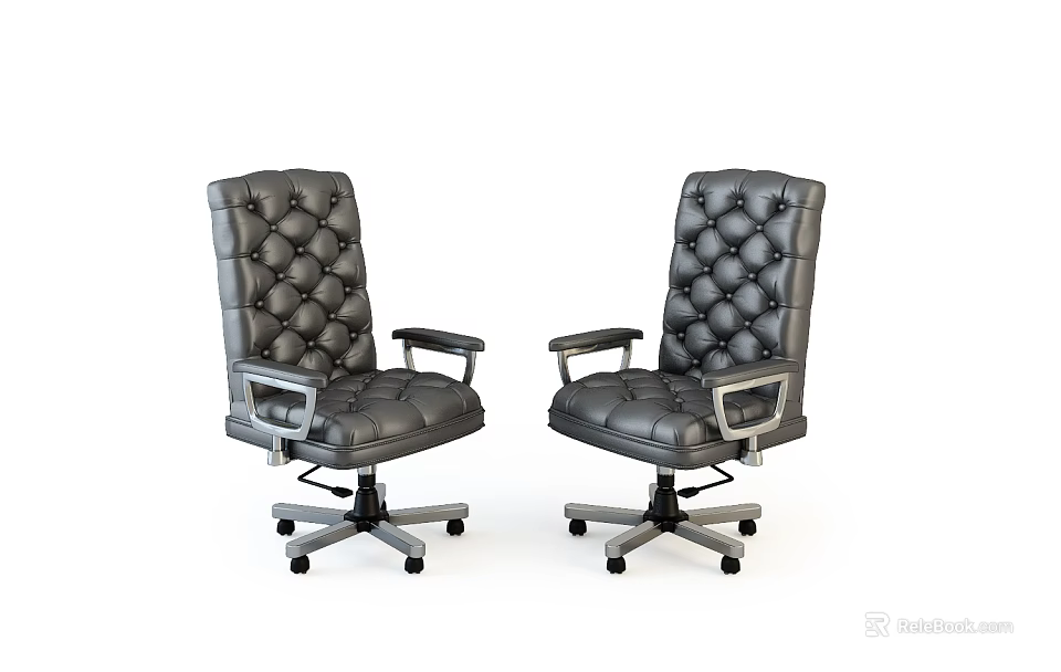 Two Gray Leather Diamond Tufted Office Chairs With Silver Metal Arms And Wheeled Base 3d model 