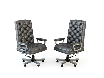 Two Gray Leather Diamond Tufted Office Chairs With Silver Metal Arms And Wheeled Base 3d model