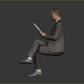 Business man in suit sitting cross-legged using tablet against plain gray background 3d model