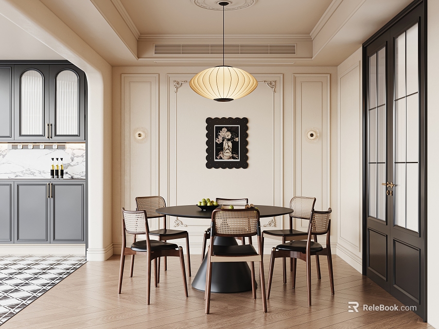 Elegant Restaurant Interior With Round Dining Table Wooden Chairs Pendant Lamp And Framed Artwork 3d model 