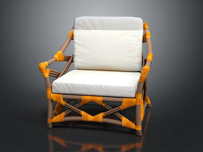 Modern Leisure Chair With White Cushion Orange Woven Frame And Brown Wooden Details 3d model