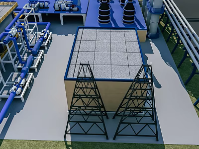 Industrial Factory Exterior With Blue Pipes Equipment Black Metal Towers And Gray Roof 3d model