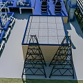 Industrial Factory Exterior With Blue Pipes Equipment Black Metal Towers And Gray Roof