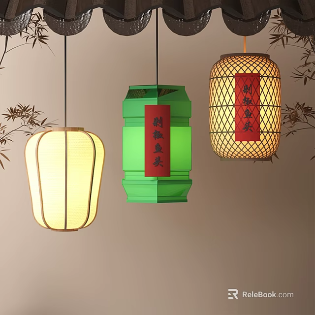 Decorative Traditional Chinese Hanging Lanterns with Different Colors Red Labels and Bamboo Leaves 3d model 