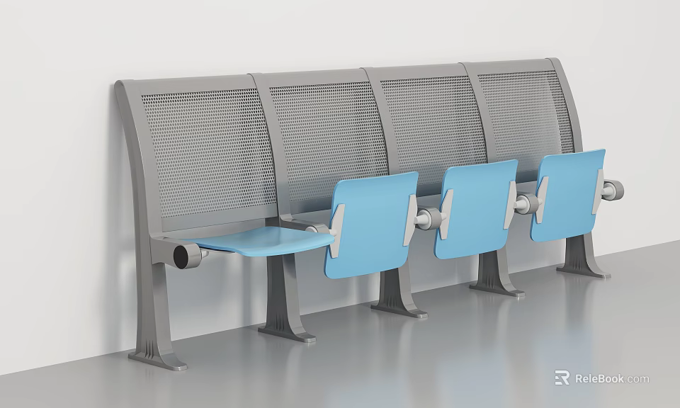 Modern Metal Public Chair With Gray Mesh Backrest And Blue Seats 3d model 