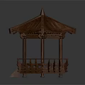 Traditional Wooden Gazebo With Pointed Roof Balustrade Staircase And Detailed Carvings