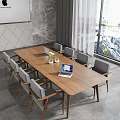 Modern Conference Room Interior With Long Wooden Table Gray Chairs Laptop Potted Plants And Window