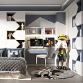 Tatami Bedroom Interior With Bed And Cartoon Patterned Pillows Desk Chair Geometric Wall Decor