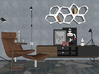 Modern TV Stand With Brown Armchair Geometric Wall Shelves And Decorative Items On Gray Wall 3d model