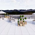 Rooftop Garden With White Tiled Floor Round Planters Green Shrubs White Umbrellas And Mountain Backdrop
