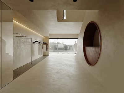 Modern Clothing Store Interior Design With Open Space Hanging Racks And Round Mirror 3d model