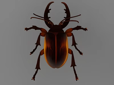 Flying Beetle With Large Curved Horns Shiny Brown Body And Six Legs 3d model