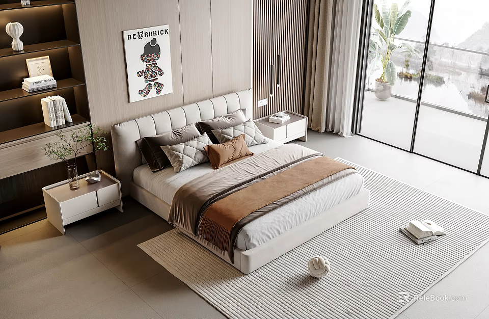 Modern Double Bed with Soft Headboard Plush Pillows Brown Throw Blanket and Light Carpet 3d model 