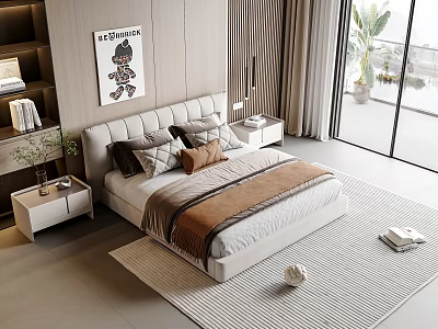 Modern Double Bed with Soft Headboard Plush Pillows Brown Throw Blanket and Light Carpet 3d model