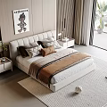 Modern Double Bed with Soft Headboard Plush Pillows Brown Throw Blanket and Light Carpet