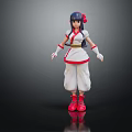 Anime Character in Red White Outfit with Dark Blue Hair Red Hairpiece and Red Shoes