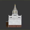 White Church Building With Golden Spire Cross Arched Door And Red Brick Base
