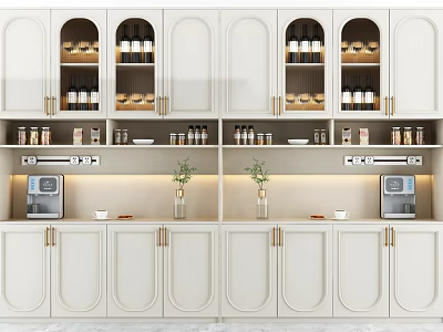 Modern White Wine Cabinet With Glass Doors Gold Handles And Wine Bottles Storage 3d model