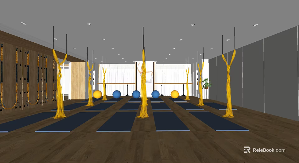Modern Yoga Fitness Studio With Aerial Hammocks Yoga Mats And Exercise Balls 3d model 