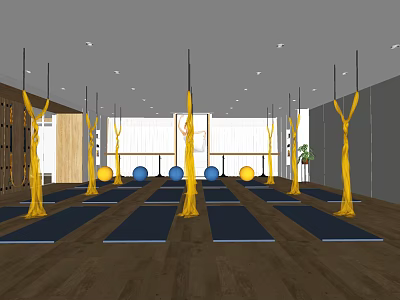 Modern Yoga Fitness Studio With Aerial Hammocks Yoga Mats And Exercise Balls 3d model