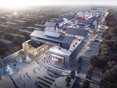 Bustling Commercial Street With Traditional Modern Architecture Lush Greenery Open Plazas And Pedestrians 3d model