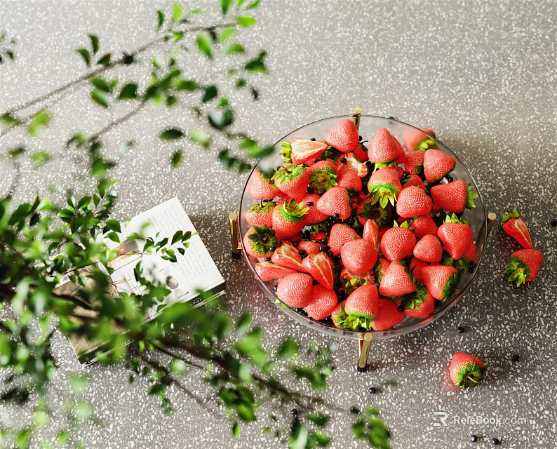 Fresh Strawberries In Ceramic Dish With Green Plants And Book On Gray Tabletop 3d model 