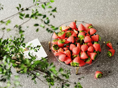 Fresh Strawberries In Ceramic Dish With Green Plants And Book On Gray Tabletop 3d model