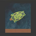 Cartoon Scene With Yellow Flying Craft Featuring Green Circular Patterns And Blue Water
