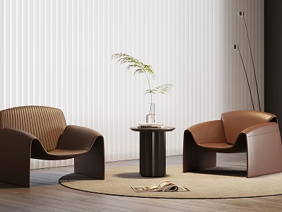 Casual Sofa Set With Two Brown Armchairs Small Side Table Plant Magazine And Round Rug 3d model