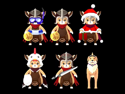 Cartoon Animal Game Characters With Various Costumes Helmets Swords And Gift Boxes 3d model