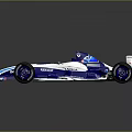 Blue and White Single Seater Racing Car With Sponsor Logos And Rear Wing