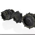 Three Mechanical Gear Components With Spiked Edges And Textured Metal Surfaces