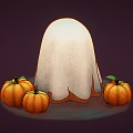 Cute Little White Ghost With Smiling Face And Surrounding Orange Pumpkins On Dark Background