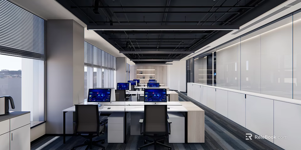 Open Office Space Featuring Modern Workstations Desktop Computers Ergonomic Chairs And Glass Partitions 3d model 