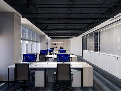 Open Office Space Featuring Modern Workstations Desktop Computers Ergonomic Chairs And Glass Partitions 3d model