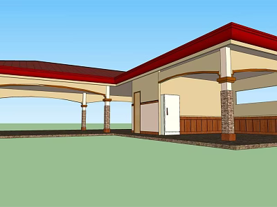 Small Building Exterior With Red Roof Beige Walls Columns And Wooden Accents 3d model