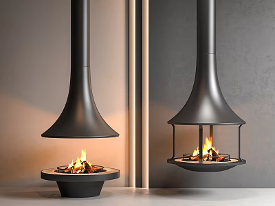 Two Modern Black Fireplaces With Flames In Minimal Interior Design 3d model