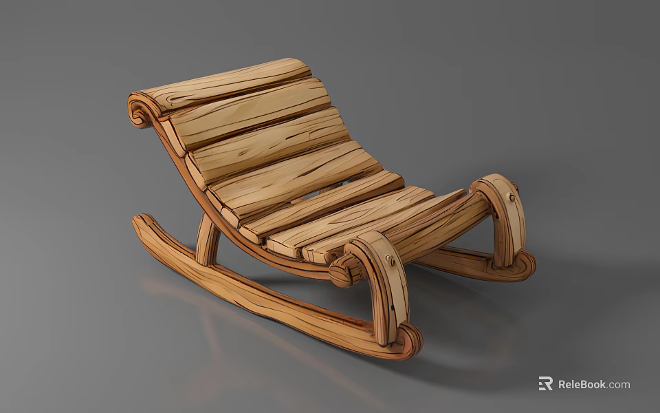 Wooden Leisure Rocking Chair With Slatted Seat Curved Armrests And Natural Rustic Style 3d model 
