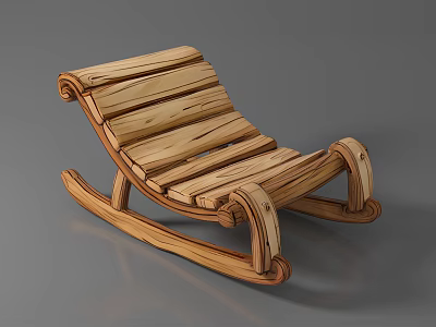 Wooden Leisure Rocking Chair With Slatted Seat Curved Armrests And Natural Rustic Style 3d model